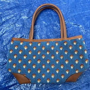 STUBBS AND WOOTTON MINI BAG, NEEDLEPOINT BLUE, leather trim, Italy, never used.